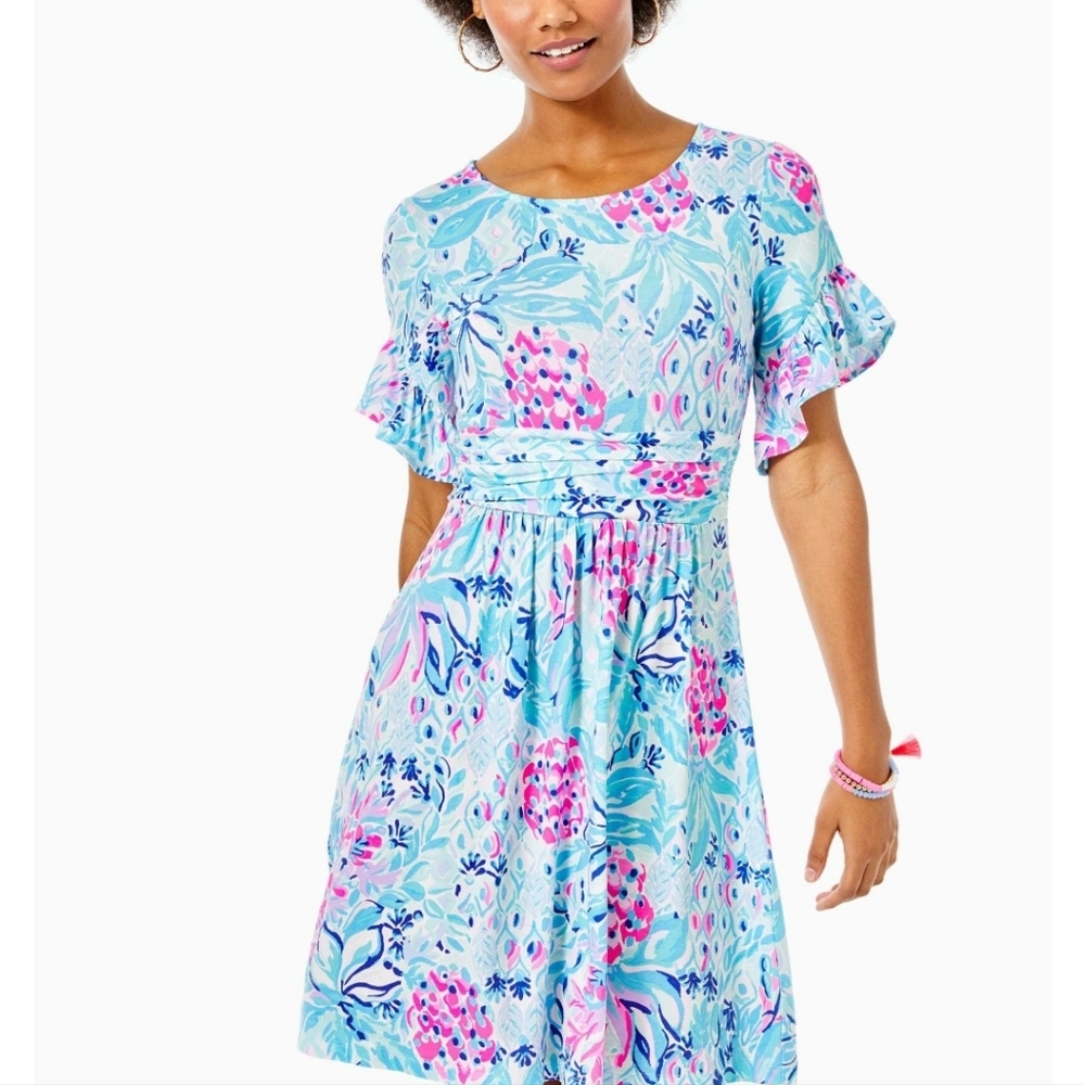 Lilly Pulitzer Light Blue Floral Fit-and-Flare Dress with Pink Accents